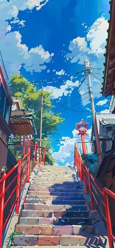 an anime scene with stairs leading up to the sky and clouds in the background,