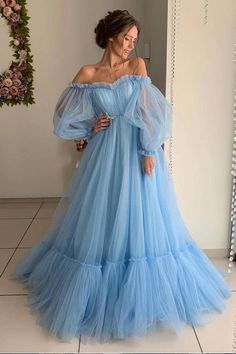 Blue Tulle Prom Dress, Tulle Prom Dress Long, Prom Dresses Elegant, 파티 드레스, Tulle Evening Dress, Long Sleeve Prom, Blue Wedding Dresses, فستان سهرة, A Line Prom Dresses