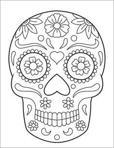 a sugar skull with flowers on it's face is shown in black and white