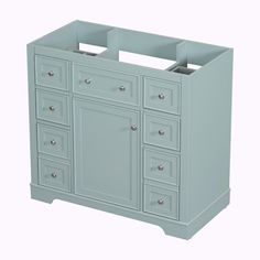 a blue cabinet with drawers and two doors