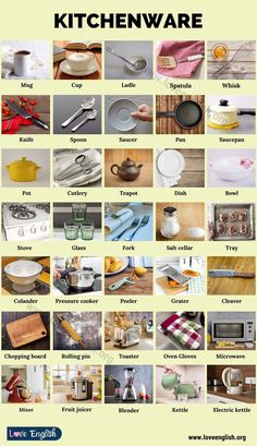 the kitchenware poster shows different types of dishes and utensils in various sizes