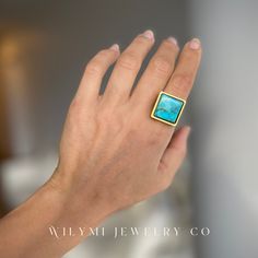 FULL PACKAGE Absolutely GORGEOUS 100% Turquoise | Square Cut Ring | 24k Gold Filled Band | Luminous Gold Brush Finish | Adjustable: Turquoise | an all-encompassing protector gemstone.  Aligning chakras + allowing for beautifully intuitive emotional connectivity.   Strong Square cut | a powerful symbol of stability. Intention: I have what it takes. Nothing is missing. ✨ . . Perfect for a bridal shower gift, or sentimental birthday or anniversary gift for her, this unique square turquoise ring is made ethically by a woman-owned business. . If you would like to select your exact unique stone, just let us know after check out. This is part of our luxury, small batch experience. Luxury Turquoise Ring As A Gift, Yellow Gold Turquoise Ring With Polished Finish, Luxury Turquoise Ring Gift, Luxury Gold Turquoise Ring For Gift, Luxury Gold Turquoise Ring Perfect For Gift, Luxury Gold Turquoise Ring As Gift, Luxury Gold Turquoise Ring, Aligning Chakras, Square Cut Ring