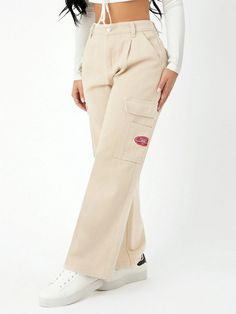 Unveil your fashion flair with our High Waist Pocket Side Wide Jeans. These cargo pants showcase a high waistline and a loose fit, creating a trendy and comfortable ensemble. The non-stretch denim fabric offers durability, while the zipper fly closure ensures easy wear. With a distinctive letter pattern and practical pockets, these tapered jeans are a versatile addition to your wardrobe. Details: Pattern Type: Letter Type: Tapered/Carrot Jeans Style: Cargo Pants Closure Type: Zipper Fly Waist Li High Waist Beige Cargo Pants For Streetwear, High Rise Cotton Wide Leg Pants For Streetwear, Beige High-waist Baggy Cargo Pants, Trendy High Waist Beige Cargo Jeans, Trendy High-rise Pants With Cargo Pockets, High-waist Baggy Beige Cargo Pants, Beige Baggy High Waist Cargo Pants, High Waist Beige Cargo Jeans, Trendy Relaxed Fit Mid-rise Cargo Pants