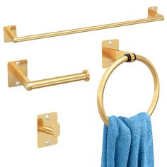 two towel racks, one with gold handles and the other has a blue towel hanging from it