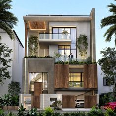 an artist's rendering of a two story house with balconies and plants on the balcony