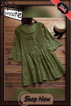 Women Cotton Linen Blouse Elegant Embroidery Hollow Blusas V-neck Button Shirts Top Plus Size Green V-neck Blouse With Buttons, Summer V-neck Blouse With Chikankari Embroidery, Bohemian Green Tops With Buttons, Green Button-up Top With Floral Embroidery, Bohemian Green Blouse With Buttons, Green Bohemian Blouse With Buttons, Green Summer Blouse With Chikankari Embroidery, Green Blouse With Chikankari Embroidery For Summer, Green Chikankari Embroidery Blouse For Summer