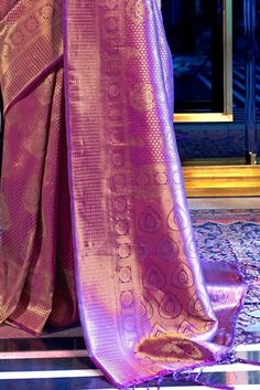 Wine Purple and Golden Soft Silk Saree for Woman Indian | Etsy Kanjivaram Saree Look, South Indian Culture, Blouse For Wedding, Dark Orchid, Elegant Saree