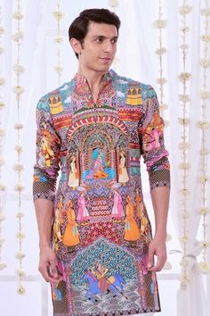 Multi colored straight kurta with royal Raj-Darbar prints. Comes with solid pyjama. - Aza Fashions Multicolor Kurta With Digital Print For Festive Occasions, Multicolor Digital Print Kurta For Festive Occasions, Bollywood Style Multicolor Printed Kurta, Bollywood Style Multicolor Straight Kurta, Festive Digital Print Kurta For Festivals, Festive Multicolor Straight Kurta, Bollywood Style Multicolor Digital Print Kurta, Multicolor Straight Kurta For Eid, Multicolor Straight Kurta For Festive Occasions