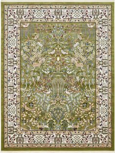 a green and white rug with animals on it's sides, surrounded by leaves and flowers