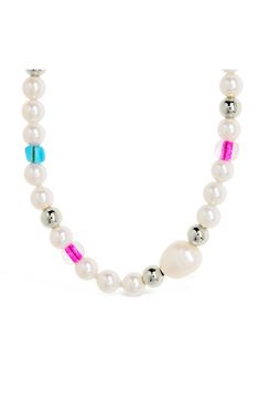 Colorful beads define a choker necklace strung with a singular freshwater pearl offering coastal charm. 16" length; 2" extender Lobster clasp closure Pearl size: 8mm Imitation-pearl size: 5–5.5mm Goldtone or silvertone plate/freshwater pearl/imitation pearl/glass Imported Rollerball Perfume, Coastal Charm, Makeup Bronzer, Makeup Gift, Fragrance Design, Keep Jewelry, Pearl Size, Cute Jewelry, Fragrances Perfume