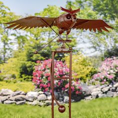 a metal bird weathervane with an owl on it's back and wings spread