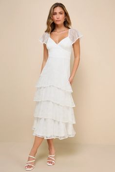 White Lace Midi Dress - Tiered Midi Dress - Flutter Sleeve Dress - Lulus White Lace Midi Dress, Tiered Midi Dress, Romantic Dress, Flutter Sleeve Dress, Lace Midi, Lace Midi Dress, Tiered Dress, Flutter Sleeve, A Line Skirts