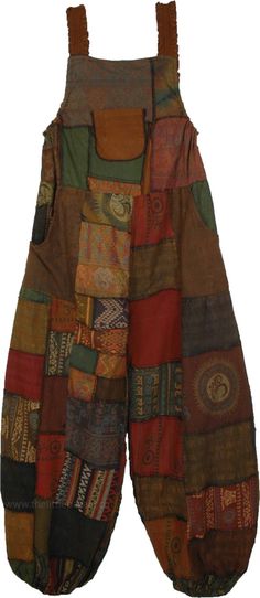 Brown Patchwork Closed Harem Leg Bohemian Jumpsuit | Dresses | Multicoloured | Sleeveless, Patchwork, Bohemian, Handmade Hippie Overalls, Bohemian Jumpsuit, Patchwork Overalls, Simple Tank Tops, Cotton Overalls, Brown Dresses, Estilo Hippie, Hippie Look, Hippie Style Clothing