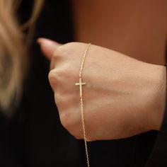 This beautiful, dainty cross bracelet is the perfect gift for a special women or young girl celebrating her first communion. Crafted from brilliant gold, this piece of cross jewelry will remind her of her each time she wears it. Can you imagine her joy when she opens the gift? Please note that we also offer matching Cross Pendant Necklace in our shop! Elegant Cross Pendant Bracelet As A Gift, Elegant Cross Rosary Bracelet As Gift, Elegant Rosary Bracelet With Cross For Gift, Elegant Yellow Gold Cross Rosary Bracelet, Elegant Yellow Gold Rosary Bracelet With Cross, Elegant 14k Gold Filled Cross Jewelry, Everyday Gold Cross Bracelets, Dainty Rose Gold Rosary Bracelet, Gold Cross Bracelets For Everyday