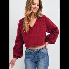 Long Puff Sleeve V Neck Fuzzy Pullover Crop Top! Dorm Ready, College, School, Casual, Warm And Cute! Adorable With Jeans Or Leggings. 100% Polyester Made In Usa Cozy Red V-neck Top, Pullover Crop Top, Camo Crop Top, Fuzzy Pullover, White Crop Tank, White Crop Top Tank, White Peplum, College School, Bralette Crop Top