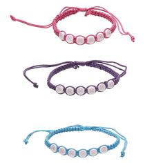 Ready-to-wear bracelets feature nylon cord construction and beads, printed with pink awareness ribbons. Bracelets are adjustable up to eight inches with a macramé knot closure. Colors, shapes and sizes may vary in each lot. Pink Awareness, Acrylic Pink, Macrame Knot, Purple Light, Awareness Ribbons, Cotton Cord, Waxed Cotton, Light Purple, Pink Purple