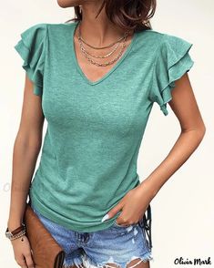 OliviaMark - Elegant V-Neck Short Sleeve Top with Delicate Ruffled Flutter Sleeves, Available in a Variety of Solid Colors Spandex Top, Sleeveless Tshirt, Color Shorts, V Neck Blouse, Flutter Sleeves, Short Sleeve Blouse, V Neck Tops, Short Sleeve Top, Flutter Sleeve