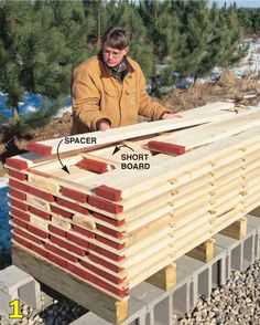 a man standing next to a pile of wooden planks with the words spacer and short board