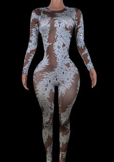 Glamstone | Party Jumpsuit: Lunarose Sheer Full Body Suit, Crystal Jumpsuit, Rhinestone Catsuit, Mugler Catsuit, Metallic Long Sleeve Fitted Jumpsuit, Party Rompers, Jumpsuit Party, Stage Costume, Festival Season