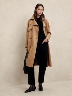 Vegan Suede Trench Coat | Banana Republic Factory Wardrobe Essentials For Women, Fall Basics, Suede Trench Coat, Brown Trench Coat, Suede Outfit, Tan Coat, Winter Wardrobe Essentials, Trench Coat Outfit, Plain Outfits