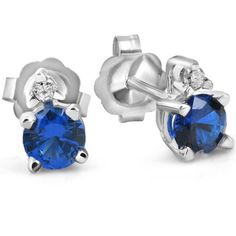 Pompeii3 Blue Sapphire & Diamond 3/4ct Studs 14K White Gold, Women's, Size: Small Sapphire Earrings With Diamond Accents, Classic Sapphire Diamond Earrings With Accents, Sapphire Diamond Earrings With Brilliant Cut, Brilliant Cut Sapphire Diamond Earrings, Classic Blue Diamond Earrings For Anniversary, Silver Sapphire Round Cut Diamond Earrings, Sapphire Round Cut Diamond Earrings, Brilliant Round Cut Sapphire Earrings, Classic Blue Brilliant Cut Earrings