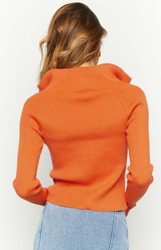 * Orange Knit Zip Up Jacket 
 * 
 
 * HOW TO STYLE: 
 * Feel cosy, yet bold in our orange knit jumper (). Keep things casual and style with a denim midi skirt () and boots - this look would be perfect for work, or any day event! The two-way zip feature allows you to show a bit of skin if desired. 
 * 
 
 * FEATURES: 
 * Mid-weight material 
 * Ribbed knit 
 * Lots of stretch 
 * Long sleeves 
 * Collared neck 
 * Centre double way silver zip Desired Features, Midi Skirt And Boots, Skirt And Boots, Orange Knit, Prom Midi Dress, Summer Playsuit, Sweater Crop, Strapless Tops, Denim Midi Skirt