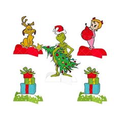 the grinch christmas tree with presents on it and three other cartoon characters around it