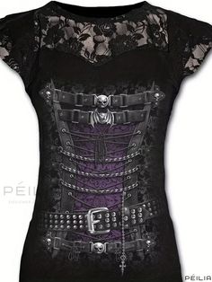 Peilia - Premium Womens Contrast Mesh Graphic T-shirt - Stylish Casual Round Neck Short Sleeve Top for Spring & Summer Fashion Plus Size Goth, Gothic Mode, Mode Rock, Gothic Tops, Lace Corset Top, Lace Layers, Style Rock, Grunge Goth, Black And Purple