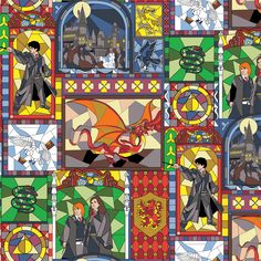 an image of harry potter stained glass window panels with hogwart and hermiganes