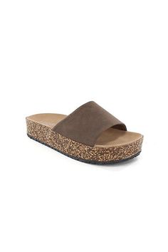 WOMENS, CASUAL, ONE STRAP OPEN TOE SLIDE IN CORK SANDAL Style: CASUAL,SANDALS Length: 1.25" Closure: SLIP ON Heel Height: 1.25" Width: 3.5 Material Composition: ARTIFICIAL LEATHER Care Instructions: HAND WASH ONLY Casual Sandals Womens, Summer Bottoms, Cork Material, Sandal Style, Cork Sandals, Cork Heels, Womens Casual, Slide In, Brown Sandals