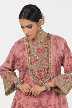 Blush pink short kurta with floral block print and contrasting thread, sequin embroidered yoke. - Aza Fashions Pink Chanderi Sharara With Printed Motifs, Traditional Pink Sharara With Printed Motifs, Eid Pink Sharara With Printed Motifs, Designer Pink Salwar Kameez With Printed Motifs, Pink Salwar Kameez With Printed Motifs, Pink Saree Set With Printed Motifs, Pink Chikankari Embroidery Cotton Silk Sets, Pink Printed Motifs Palazzo Set For Festivals, Pink Silk Sharara With Printed Motifs