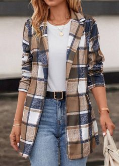 Pocket Plaid Dark Camel Lapel Long Sleeve Coat Plaid Shirts For Women, Ropa Upcycling, Lapel Coat, Normal Body, Plaid Shirts, Casual Vest, Long Sleeves Coats, Samara, Plaid Jacket