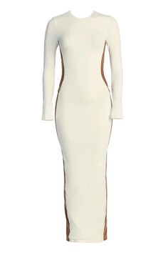 43705510723628|43705510821932|43705510920236 Elegant Maxi Dress With Splicing, Elegant Spliced Midi Dress, Elegant Midi Dress With Splicing, Chic Beige Bodycon Maxi Dress, White Fitted Dress With Splicing Details, Fitted White Dress With Splicing Detail, Chic Midi Dress With Splicing, White Splicing Dress For Fall, Cream Fitted Maxi Dress For Night Out