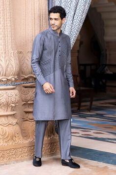 Grey kurta with metal work in geometric linear pattern. Paired with matching aligadi pant. - Aza Fashions Traditional Sets With Geometric Embroidery For Transitional Season, Traditional Geometric Embroidered Sets For Festivals, Traditional Sets With Geometric Embroidery For Festivals, Traditional Geometric Embroidery Sets For Festivals, Diwali Traditional Wear With Geometric Embroidery, Geometric Embroidery Long Sleeve Diwali Sets, Festive Sets With Geometric Embroidery For Diwali, Festive Diwali Set With Geometric Embroidery, Grey Kurta