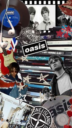 collage of various music related items including vinyl records, cds and stickers with the words oasis on them