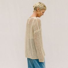 Big Net Pullover in Jute from Lauren Manoogian. Open knit pullover sweater in big net texture. Featuring crew neckline, open knit in a relaxed oversized fit. Made from cotton linen blended yarn. One size. 70% pima cotton, 30% linen. Made in Peru. Lauren Manoogian is a knitwear and jewelry designer based in Brooklyn, New York. After graduating from the Rhode Island School of Design, she began work on her first jewelry collection, which launched in 2010. Not long after, Manoogian began working on Oversized Beige Open Knit Sweater, Beige Open Knit Sweater With Relaxed Fit, Beige Relaxed Fit Open Knit Sweater, Beige Open Knit Relaxed Fit Sweater, Relaxed Fit Crew Neck Open Knit Sweater, Open Knit Sweater In Neutral Color, Neutral Open Knit Sweater, Casual Neutral Open Knit Sweater, Island School