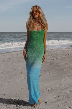 Blue and green ombre knit maxi dress Unlined. Material: 75% Acrylic, 25% Nylon. Sizing: Small: US Size 0-2 Medium: US Size 4-6 Large: US Size 8-10 Model Measurements: Height: 5’11” Chest: 32” Waist: 26” Hips: 36” Wearing size large for length. This item is Final Sale. Ombre Knit, Lauren Nicole, Ombre Maxi Dress, Crochet Maxi Dress, Knit Maxi Dress, Maxi Dress Pattern, Green Ombre, Festival Looks, Maxi Knit Dress