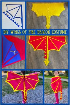 the instructions for how to make a fire dragon costume with paper and yarn, as well as pictures