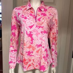 Great Golf/Tennis/Athleisure 1/4 Zip Long-Sleeved Top By Ibkul! In A Lively Floral/Paisley Pattern, Ibkul Fabrics Have Icefil Technology Which Keeps You Cool, Comfortable And Odor Free Under Strenuous Conditions. Mesh Inner Sleeves Provide Additional Ventilation. Upf 50+ Too! Size Extra Small (Armpit To Armpit: 17.5” Length: 23.5”) And Size Large (Pit To Pit: 21” Length: 26”) Available. New With Tags! Spring Sports Half-zip Top, Spring Half-zip Sports Top, Pink Moisture-wicking Golf Top, Athleisure Long Sleeve Tops For Golf, Spring Tennis Athleisure Tops, Spring Athleisure Tennis Tops, Pink Half-zip Top For Spring, Tennis Athleisure, Mock Neck Shirt