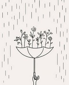 a black and white drawing of an open umbrella with flowers growing out of the inside