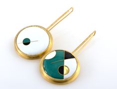 Dramatic and modern one of a kind asymmetric kiln fired enamel earrings with 24K gold cloisonné with opaque black and white accented with jade green and a gold accent, set into gold vermeil over sterling silver with chiseled bezels and long French hook wires, 2.3" long, 1.18" diameter *please use my contact page to request additional details or photos Cloisonne Earrings, Contact Page, Green Abstract, Enamel Earrings, White Accents, Gold Accent, Jade Green, Gold Accents, Kiln