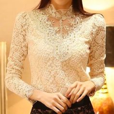 New, Never Worn Style: Casual Fabric Type: Dobby Sleeve Style: Puff Sleeve Material: Cotton, Polyester Collar: Turtleneck Stand Neck, Dress Korean, Crochet Lace Top, Lace Outfit, Estilo Chic, Bottoming Shirt, Blouse Tops, Embroidery Lace, Womens Dress