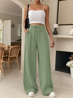 Women's Drawstring Pocket Straight Wide-Leg Comfortable Casual Elegant Pants  Linen Striped Trousers  Teacher Pants  Teacher Clothes Fall Outfits  Back To School   Commute  Minimalist Office   Old Money Simple Green Casual   Viscose Plain Wide Leg Non-Stretch  Women Clothing, size features are:Bust: ,Length: ,Sleeve Length: Green Linen Pants Outfit, Linen Pants Outfit Fall, Teacher Pants, Drawstring Pants Outfit, Linen Pants Outfit, Teacher Outfits Fall, Pants Outfit Fall, Elegant Pant, Cropped Leather Jacket