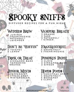 Witchy Essential Oil Diffuser Blends, Witchy Diffuser Blends, Witchy Essential Oil Blends, Witchy Scents, Essential Oil Perfumes Recipes, Halloween Breakfast, Essential Oil Combinations, Essential Oil Diffuser Blends Recipes, Perfume Recipes