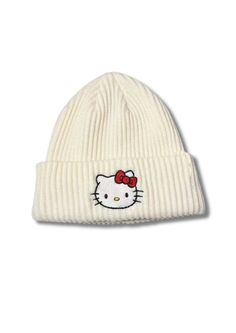 Stay warm and adorable this winter with Mabel Love Co's Hello Kitty Beanie. This cute and cozy beanie features the beloved Hello Kitty design, making it a perfect accessory for fans of all ages. Crafted from high-quality, soft materials, this beanie ensures comfort and warmth during chilly days. The playful design adds a fun touch to your winter wardrobe, making it a great choice for casual outings, winter activities, or simply staying warm at home. Whether you're a long-time Hello Kitty fan or Trendy White Beanie One Size, Casual Cat Ears Beanie For Winter, Casual Cat Ears Winter Hats, Casual Warm Hat With Cat Ears, Casual Warm Cat Ears Hat, White Warm Beanie One Size, Warm White Beanie One Size, Trendy Warm White Beanie, White Warm Beanie