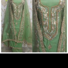 Unstitched Cotton Suit With Gotta Patti Work Color - Mehendi Fitted Chanderi Lawn Suit For Party, Green Traditional Wear With Handwork For Party, Fitted Lawn Suit With Mirror Work, Green Dupatta With Handwork For Party, Green Embroidered Lawn Suit For Party, Green Salwar Kameez With Mirror Work For Spring, Spring Green Salwar Kameez With Mirror Work, Green Mirror Work Salwar Kameez For Spring, Embroidered Green Lawn Suit For Party