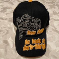 Nwt Gone Fishin Be Back At Dark Thirty Fishing Cap Hat Black, Adjustable Black Curved Brim Fishing Hat, Black Short Brim Fishing Hat, Black Curved Brim Hat For Fishing, Casual Short Brim Baseball Cap For Fishing, Adjustable Black Fishing Hat, Adjustable Black Hat For Fishing, Adjustable Black Trucker Hat For Fishing, Black Snapback Baseball Cap For Fishing, Bear Accessories