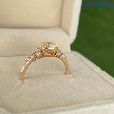 an engagement ring in a box with grass in the background