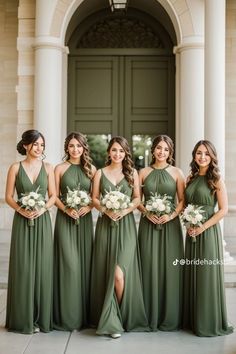 the bridesmaids are wearing green dresses and holding bouquets