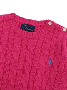 Belmont fuchsia sweater for girls in worked cotton, with buttons on the shoulders, ribbed hems, contrasting logo on the front.Composition: 100% COTTON Classic Pink Top With Ribbed Collar, Pink Cotton Sweater With Ribbed Collar, Classic Pink Cable Knit Sweater, Pink Cable Knit Crew Neck Top, Pink Cotton Cable Knit Top, Pink Cable Knit Cotton Top, Polo Ralph Lauren Kids, Ralph Lauren Logo, Ralph Lauren Kids